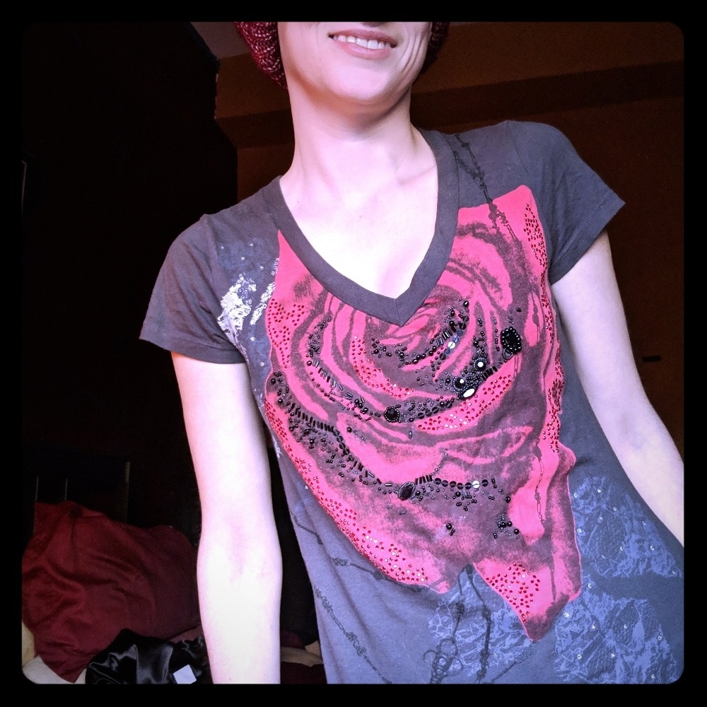 Beaded, bedazzled rose T, MM Unplugged by Miss Me